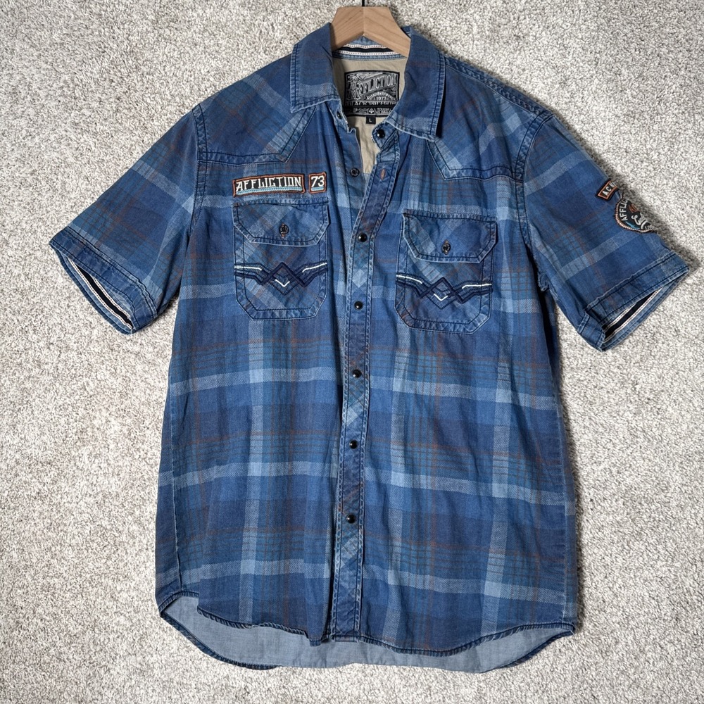 Affliction Black Premium Shirt Men's Blue Plaid Patches Snaps Indian Skull Sz L